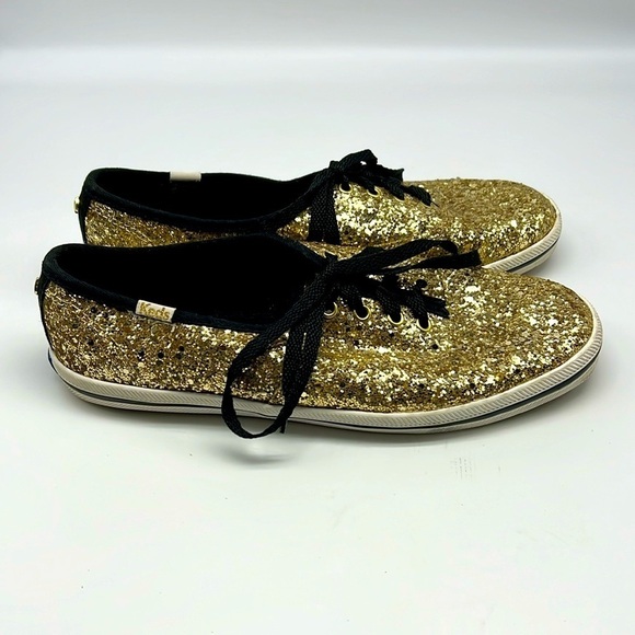 Keds + Kate Spade - Fun Bold New York Gold Glitter Lace Up Flat Sneakers Size 7 - Picture 1 of 15